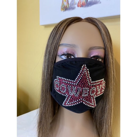 Dallas COWBOYS Pink Bling Rhinestone Face Mask - Picture 2 of 11